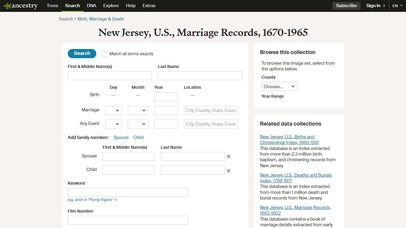 New Jersey, U.S., Marriage Records, 1670-1965 - Ancestry.com